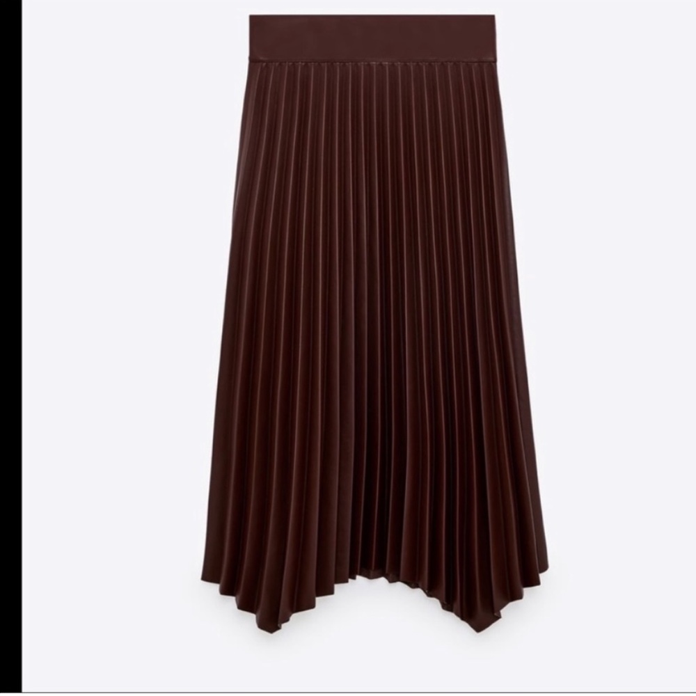 Zara Pleated Midi Skirt - Faux Leather - Burgundy - NWT